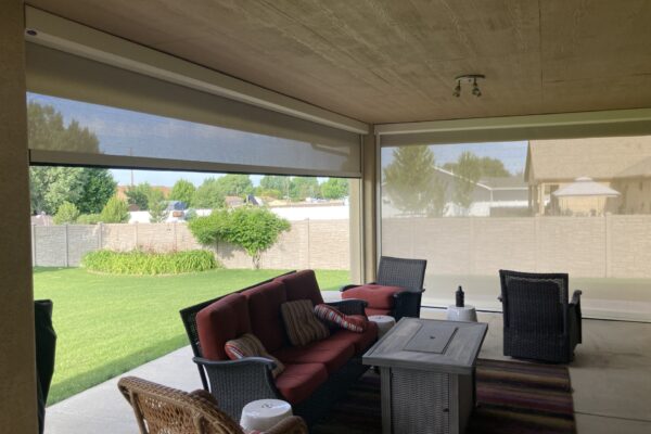 A backyard patio in Farmington, NM with blinds